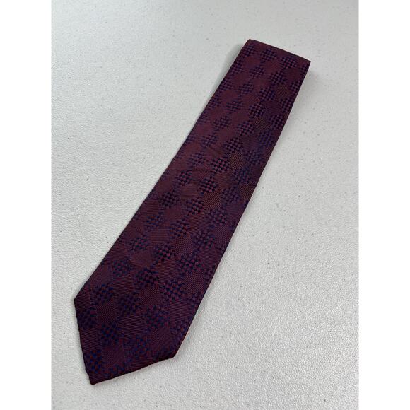 Calvin Klein Blue and Burgundy Geometric Woven Pattern 100% Silk Tie - Picture 3 of 7
